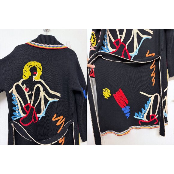 Alice + Olivia Tom Wesselmann Astrid Cardigan Sweater Black Natural Beauty L - Picture 11 of 16